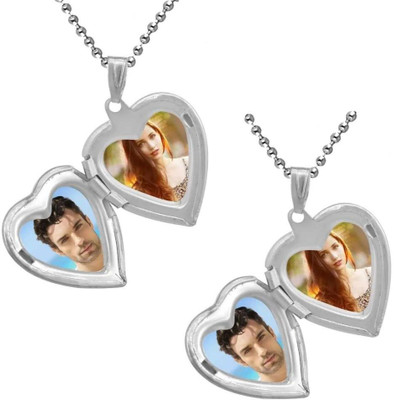 house of common Set Of 2 Pcs Silver Heart Love Openable Mini Photo Momento/Memory Locket Pendant Silver Stainless Steel Pendant Set