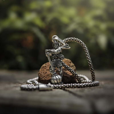 m a enterprises Hanumanji With Gada Silver Pendant Chain Silver Stainless Steel Pendant Set