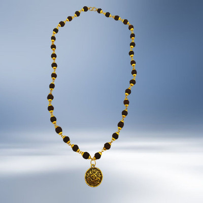 Kuttumb Gems & Jewels Black 5 Mukhi Rudraksha Mala in Silver Designer Caps (7 mm) - Natural Rudraksha Gold-plated Beads Brass, Wood Pendant