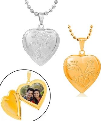 Stylewell CMB8018 Heart Shape Love Couple Mini Photo Frame Memory Locket Pendant Necklace Silver, Gold-plated Stainless Steel Pendant Set