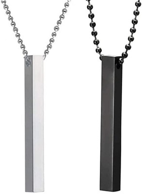 Alviira Combo Of 2 Pcs 3D Vertical Bar Stick Cuboid Locket Pendant Necklace Ball Chain Black Silver Stainless Steel Pendant Set