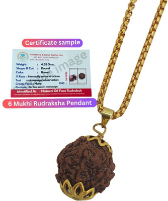 HAPPY CREATION Real six Faced Rudraksha 6 Mukhi Rudraksha Pendant in Gold-plated Beads Brass, Wood Locket Set