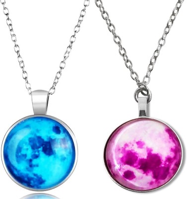 Stylewell Set Of 2 X0045 Glow In the Dark Blue/Pink Moon Dome Lunar Eclipse Locket Pendant Stainless Steel Locket Set