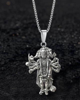 Uniqon Silver Color Panchmukhi Hanuman 5 Face Locket Pendant Necklace With Box Chain Silver Stainless Steel Pendant Set