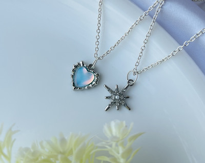 Sonisirani Set Of 2(Heart,Star)Classy Trendy Aesthetic Silver AD Charm Pendant Necklace Silver Alloy Pendant