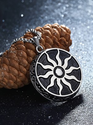 KURMASHOP Fire Sun Pendant Necklace for Men Sterling Silver, Rhodium Stainless Steel Pendant Set