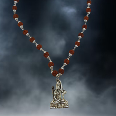 leahyallen Most Demanded Shiv Symbol Dotted Locket Pendant With 5 Mukhi Rudraksha Mala Silver Beads Brass, Wood Locket