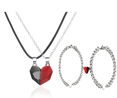 KRYSTALZ Combo Pack Of 2 Pcs Black/Red Heart Couples Necklace And Bracelet Sterling Silver Stainless Steel Locket Set