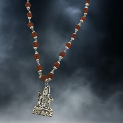 Kuttumb Gems & Jewels Most Beautiful Shiv Trishul OM Dotted Locket Pendant With 5 Mukhi Rudraksha Mala Silver Beads Brass, Wood Pendant Set