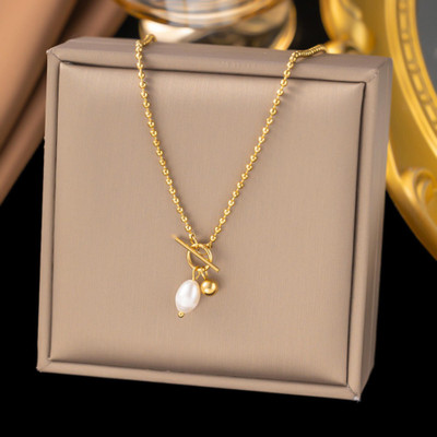 MYKI Anti-Tarnish Stainless Steel Gold Plated Pearl Charm Pendant Chain for Women Gold-plated Stainless Steel Pendant
