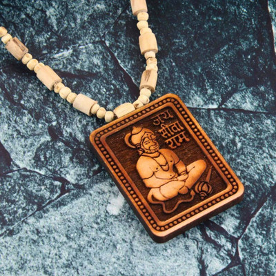 SHIMMERA Shri Bageshwar Dham Tulsi Kanthi Mala Hanuman Ji Locket Wood Pendant for Unisex Wood Locket