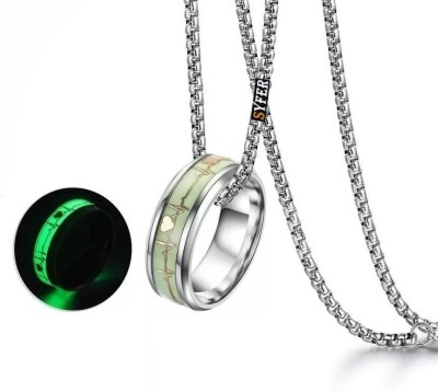 Syfer Glow in the Dark Radium Ring Pendant for Men & Women Biker/Partywear- combo Silver Stainless Steel Pendant