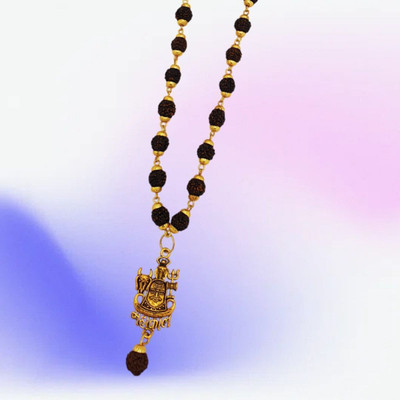 memstomuch shiv rudraksha mala with trishul and damroo Gold-plated Beads Brass, Wood Locket Set