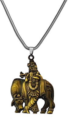 AFH Lord Krishna Flute Locket with Cow Idol Bronze Snake Chain Pendant for Men Women Rhodium Metal Pendant
