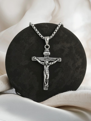 RAPPERSSHOP Cross Pendant for Men in Stainless Steel | Stylish Religious Locket with Chain Rhodium, Sterling Silver Stainless Steel Pendant Set