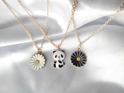 Sonisirani Set of 2 beautiful daisy and 1 cute panda pendant necklace for women and girls Gold-plated Alloy Pendant
