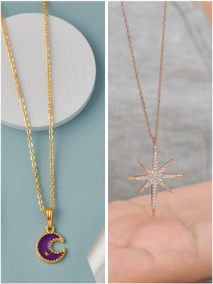 Divastri Korean jewellery Gold Plated Pendant and chain for Girls/Women 2 Combo Gold-plated Pearl Brass Pendant Set