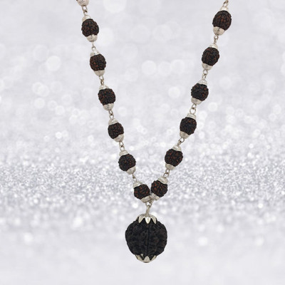 Haven gemsstone Most Demanded Shiv Symbol Dotted Locket Pendant With 5 Mukhi Rudraksha Mala Silver Beads Brass, Alloy Pendant Set