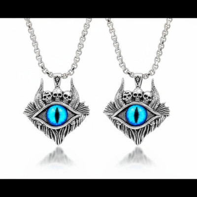 Divaura Illuminati Egyptian Horus Evil Eye Demon Skeleton/Skull Locket Pendant Necklace Silver Stainless Steel Pendant