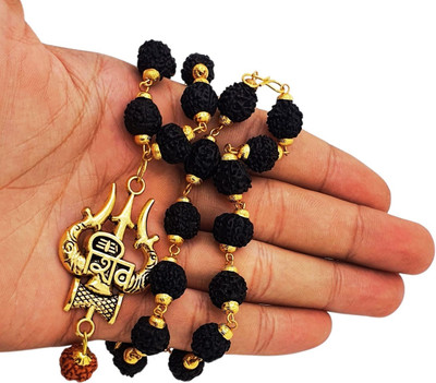 JagatguruShop Rudraksha Mala with Silver-Plated Cap With Shiv/Om/Mahakal Pendal For Unisex Gold-plated Beads Brass, Wood Locket