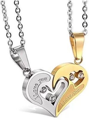 Vivity Lover Couple Love Heart 2 Piece Joining Broken Hearts I Love You Puzzle Matching Gold-plated, Silver Alloy Pendant Set