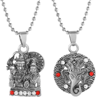RN Silver Plated CZ Lord Shiv Bholenath with Ganesh ji Gajanand Pendant Locket Silver Cubic Zirconia Brass Pendant