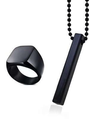 Animated F 188_JSE-blk bar plain ring blck Black Silver Stone Pendant Set