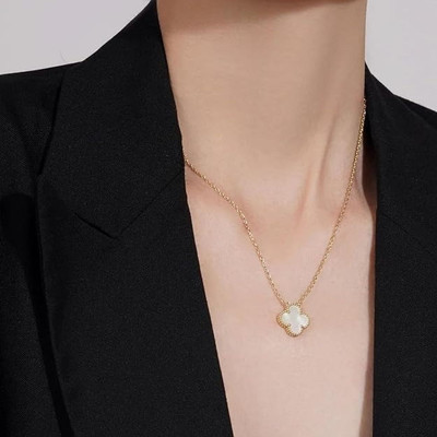 STYLE KRAFT White Clover Gold Necklace for Women's Beach party wear Precious gift for her Gold-plated Pearl, Zircon Alloy, Copper Pendant Set
