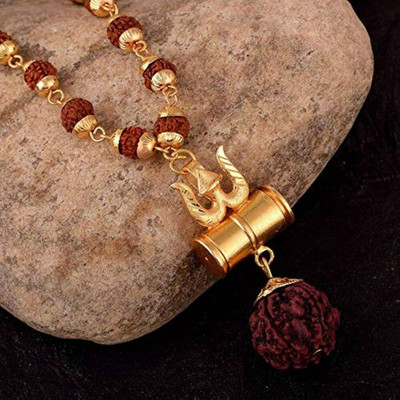 RAPPERSSHOP Rudraksha Om Pendant Set with Chain for Men & Boys Gold-plated Brass Pendant Set
