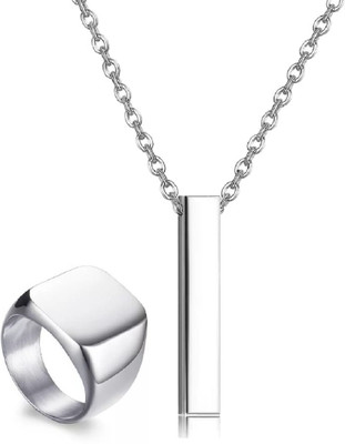 Vivity Square Signet Ring Long Chain 3D Vertical Bar Pendant Cuboid Stick Locket Combo Silver Alloy Pendant Set