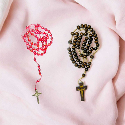 DIVINE Red and Dark Brown Ebony Wood Christian Catholic Rosary Prayer Japamala Combo Plastic Chain