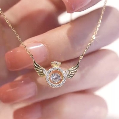 Vembley Angel Wings Golden Ring Shape Crystal Pendant Necklace For Women And Girls Gold-plated Stainless Steel Pendant