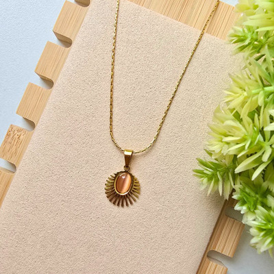 SHIMMERA Unique Design Oval Shaped Stone Pendant Chain for Girls & Women|Anti Tarnish 18k Gold-plated Cat's Eye, Mother of Pearl Stainless Steel Pendant