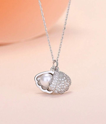BigWheels Silver AD Diamond/Nug Stone Moti Beads Pearl Sea Shell Pendant Locket Necklace Silver Stainless Steel Locket Set