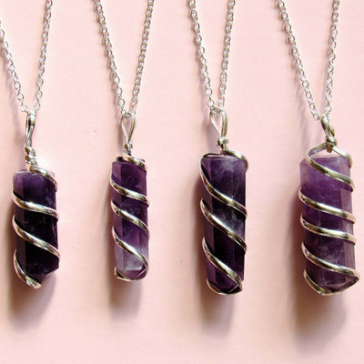 MARMORIS ECOM Natural Amethyst Wire Wrapped Pencil Pendant Healing Gemstone-1 pc Amethyst Crystal Pendant