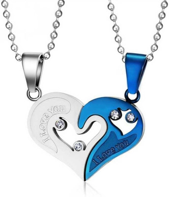 Astrootalk I Love You Diamond Nug Heart Couple 2 In 1 Duo Locket Pendant Necklace Chain Silver Stainless Steel Pendant Set