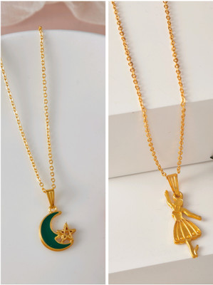 Divastri Korean jewellery Gold Plated Pendant and chain for Girls/Women 2 Combo Gold-plated Pearl Brass Pendant Set