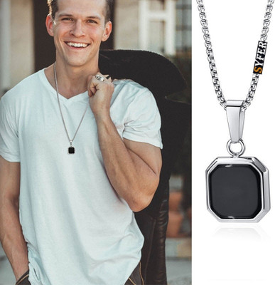 JS Enterprises Men And Women Black Onyx Octagon Inlay Square Pendant Amulet Silver Agate Stainless Steel Pendant