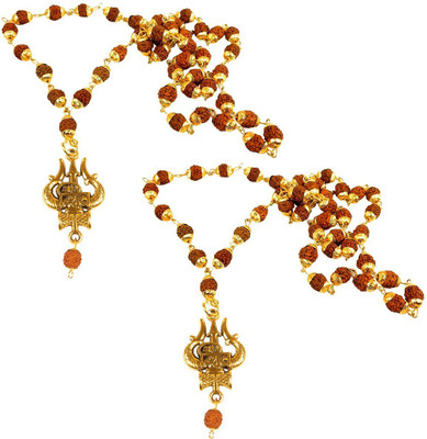 Airtick Set Of 2 Mala Rudraksha Mahadev Shiv Mahakaal Om Trishul Pendant Locket Necklace Gold-plated Stainless Steel Locket Set