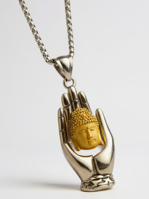 RAPPERSSHOP Stainless Steel Buddha Pendant with Box Chain for Men & Boys Sterling Silver Stainless Steel Pendant Set