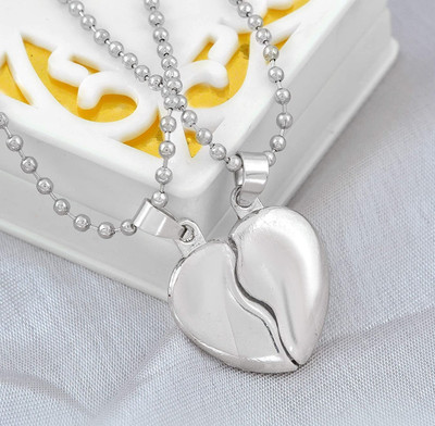 Agarwalproduct Silver Metal Love Couple 2 in 1 Dual Broken Heart Pendant Locket Necklace Chain Silver Stainless Steel Locket Set