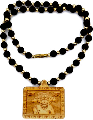 BRIJ HAAT Handmade Wooden Carving Five Face Hanuman ji locket with Black Crystal Mala Wood