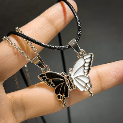 vs unique collections Magnetic Couple Broken Butterfly Locket Pendant Necklace Clavicle Chain & Rope Silver Stainless Steel Pendant Set