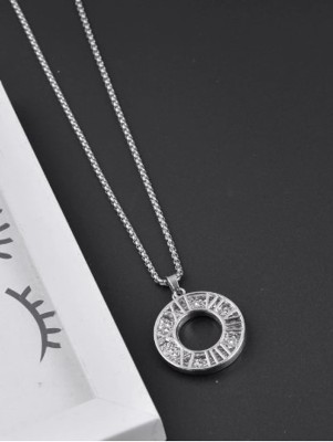 ROOTWAVE AD Stone Circle Clock Pendant with Chain for Women & Men Silver Stainless Steel, Silver, Crystal, Stone Pendant