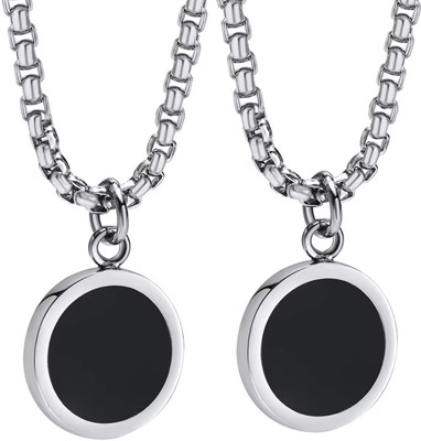 De-Ultimate (2 Pcs) Silver Dripping Glue Black Round Stone Locket Pendant Necklace Box Chain Stainless Steel Locket Set