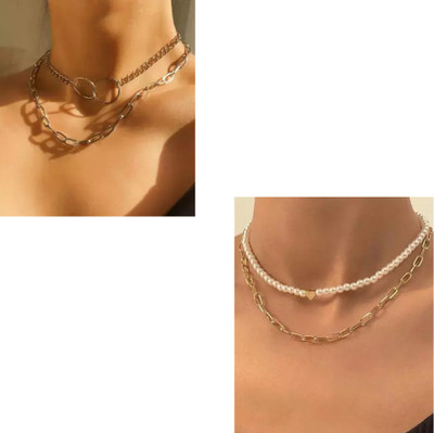 Oralia Double Layered Ring Necklace & Heart Pearl Necklace With Chain Combo Alloy