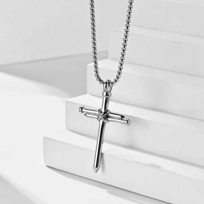 Karishma Kreations Christian Crucifix Jesus Cross Nail Blessing Pray Silver Stainless Steel Locket Gold-plated, Platinum, Titanium, Silver Cubic Zirconia, Crystal Stainless Steel, Alloy, Brass Pendant Set