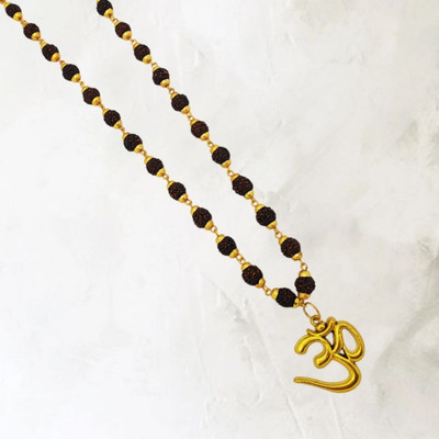 Radhika Collection Most Demanded Shiv Symbol Dotted Locket Pendant With 5 Mukhi Rudraksha Mala Gold-plated Beads Brass, Wood Pendant Set