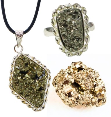 VIBESLE Pyrite Set of Pendant, Adjustable Size Ring and Pyrite 30 to 50 Grams Stone Agate Stone Pendant