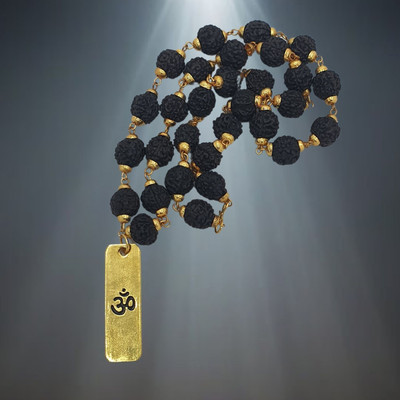 memstomuch Om Trishul Damru Mala with Rudraksha, Bholenath Mala for Men and Women Gold-plated Beads Brass, Wood Locket Set